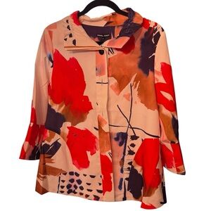 Samuel Dong White Red and Blue Watercolor Print Jacket Wired Collar, Medium NWT